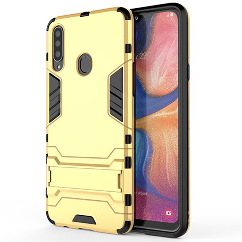 Funda Bumper Silicona y Plastico Mate Carcasa con Soporte A01 para Samsung Galaxy A20s Oro