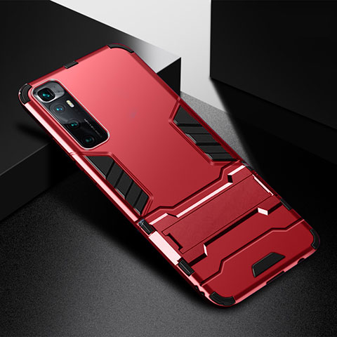 Funda Bumper Silicona y Plastico Mate Carcasa con Soporte A01 para Xiaomi Mi 10 Ultra Rojo