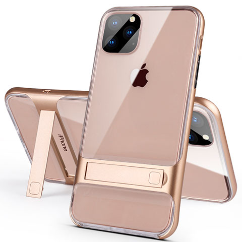 Funda Bumper Silicona y Plastico Mate Carcasa con Soporte A02 para Apple iPhone 11 Pro Oro