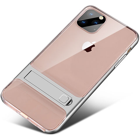 Funda Bumper Silicona y Plastico Mate Carcasa con Soporte A02 para Apple iPhone 11 Pro Plata