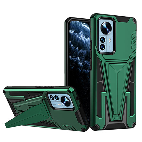 Funda Bumper Silicona y Plastico Mate Carcasa con Soporte A02 para Xiaomi Mi 12 Pro 5G Verde