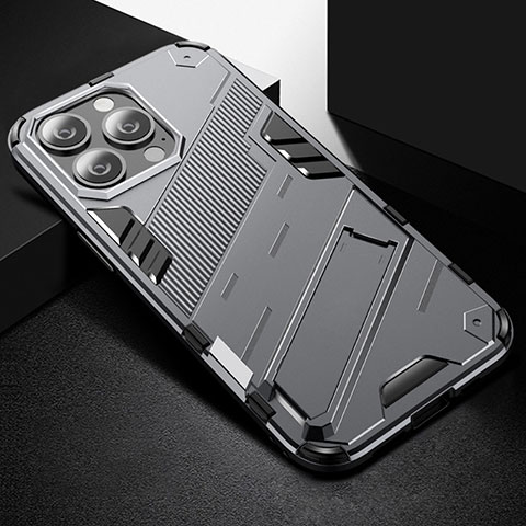 Funda Bumper Silicona y Plastico Mate Carcasa con Soporte A05 para Apple iPhone 13 Pro Gris