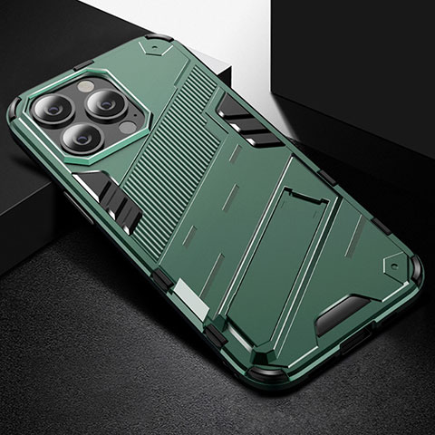 Funda Bumper Silicona y Plastico Mate Carcasa con Soporte A05 para Apple iPhone 14 Pro Verde