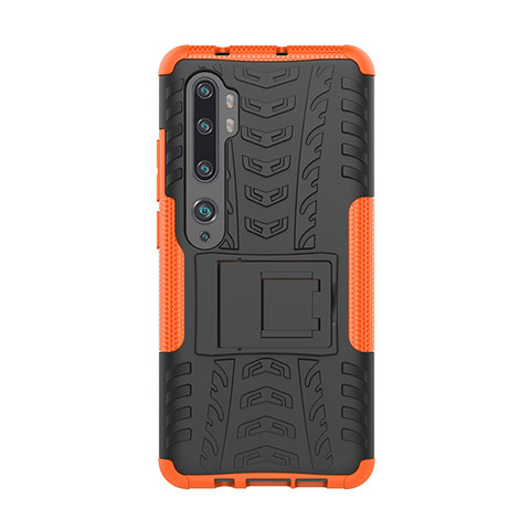 Funda Bumper Silicona y Plastico Mate Carcasa con Soporte D01 para Xiaomi Mi Note 10 Naranja