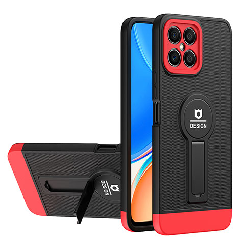 Funda Bumper Silicona y Plastico Mate Carcasa con Soporte H01P para Huawei Honor X8 4G Rojo y Negro