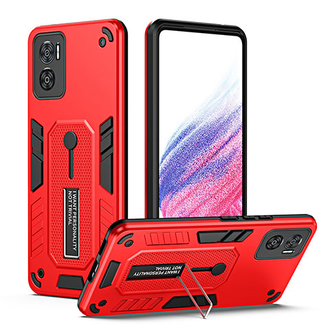 Funda Bumper Silicona y Plastico Mate Carcasa con Soporte H01P para Motorola Moto E22i Rojo