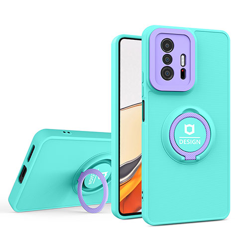 Funda Bumper Silicona y Plastico Mate Carcasa con Soporte H01P para Xiaomi Mi 11T 5G Cian