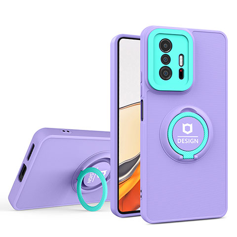 Funda Bumper Silicona y Plastico Mate Carcasa con Soporte H01P para Xiaomi Mi 11T 5G Morado