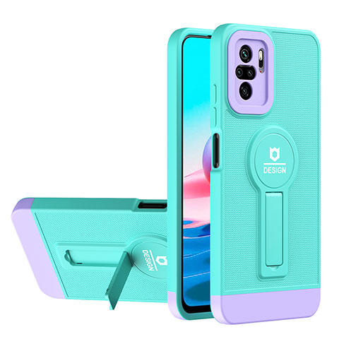 Funda Bumper Silicona y Plastico Mate Carcasa con Soporte H01P para Xiaomi Poco M5S Cian