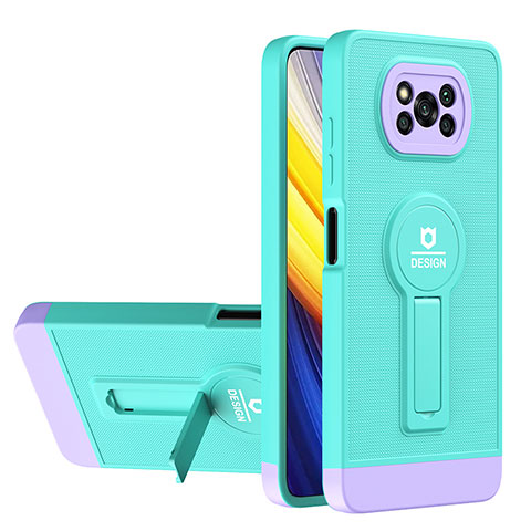 Funda Bumper Silicona y Plastico Mate Carcasa con Soporte H01P para Xiaomi Poco X3 Pro Cian