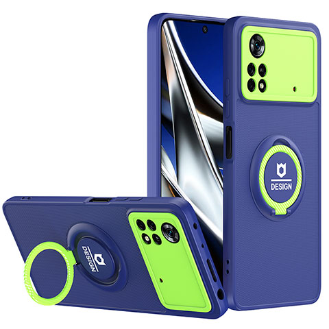 Funda Bumper Silicona y Plastico Mate Carcasa con Soporte H01P para Xiaomi Poco X4 Pro 5G Azul