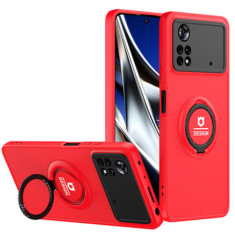 Funda Bumper Silicona y Plastico Mate Carcasa con Soporte H01P para Xiaomi Poco X4 Pro 5G Rojo y Negro