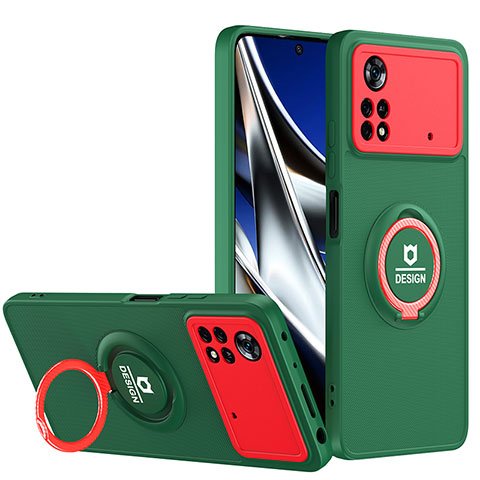 Funda Bumper Silicona y Plastico Mate Carcasa con Soporte H01P para Xiaomi Poco X4 Pro 5G Verde