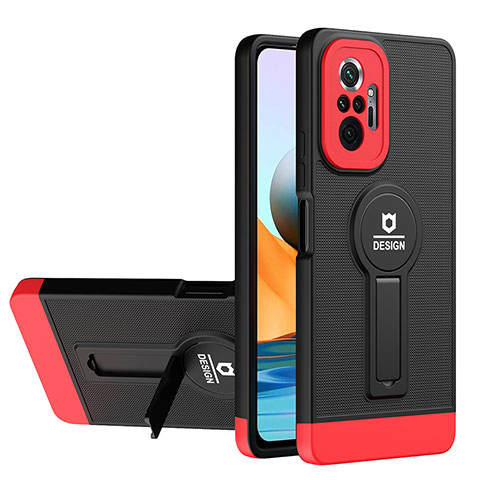 Funda Bumper Silicona y Plastico Mate Carcasa con Soporte H01P para Xiaomi Redmi Note 10 Pro 4G Rojo y Negro