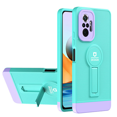 Funda Bumper Silicona y Plastico Mate Carcasa con Soporte H01P para Xiaomi Redmi Note 10 Pro Max Cian