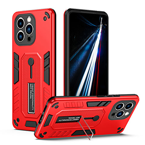 Funda Bumper Silicona y Plastico Mate Carcasa con Soporte H01X para Apple iPhone 14 Pro Max Rojo