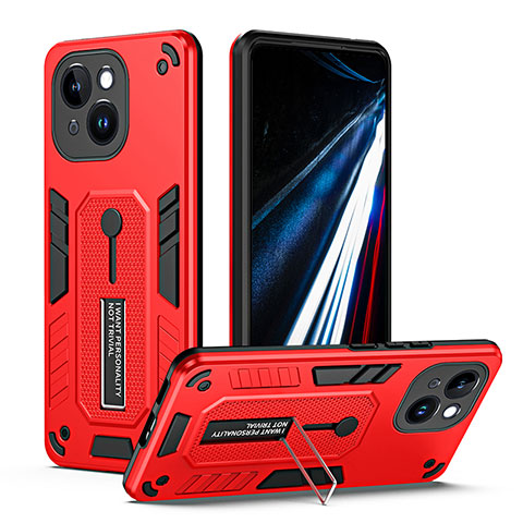 Funda Bumper Silicona y Plastico Mate Carcasa con Soporte H01X para Apple iPhone 15 Plus Rojo