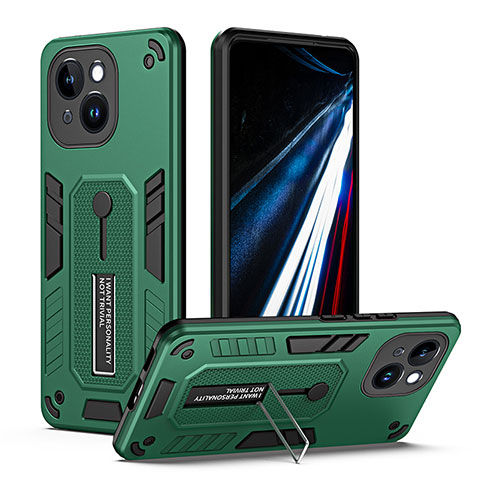 Funda Bumper Silicona y Plastico Mate Carcasa con Soporte H01X para Apple iPhone 15 Plus Verde