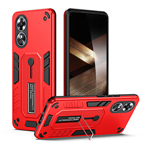 Funda Bumper Silicona y Plastico Mate Carcasa con Soporte H02P para Oppo A17 Rojo