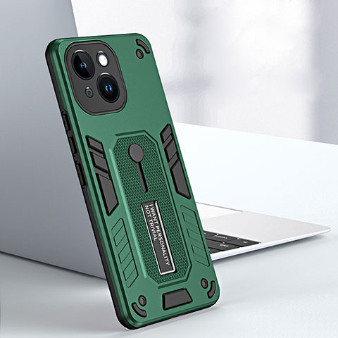 Funda Bumper Silicona y Plastico Mate Carcasa con Soporte H02X para Apple iPhone 13 Verde