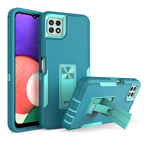 Funda Bumper Silicona y Plastico Mate Carcasa con Soporte J01S para Samsung Galaxy F42 5G Cian