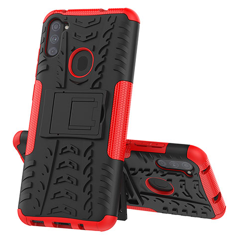 Funda Bumper Silicona y Plastico Mate Carcasa con Soporte J01X para Samsung Galaxy A11 Rojo