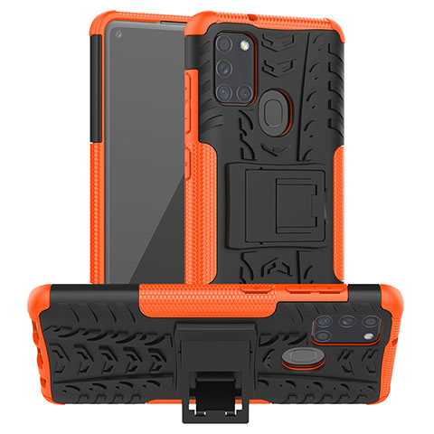 Funda Bumper Silicona y Plastico Mate Carcasa con Soporte J01X para Samsung Galaxy A21s Naranja