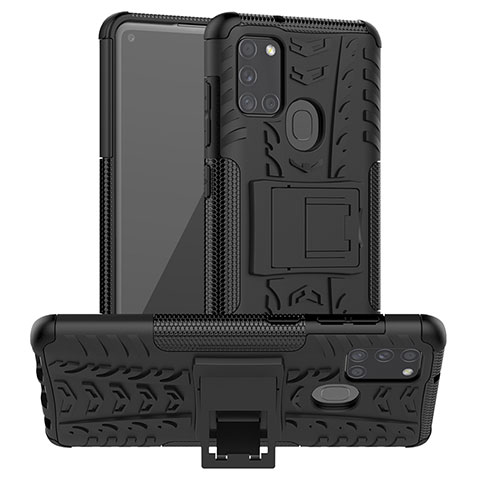 Funda Bumper Silicona y Plastico Mate Carcasa con Soporte J01X para Samsung Galaxy A21s Negro