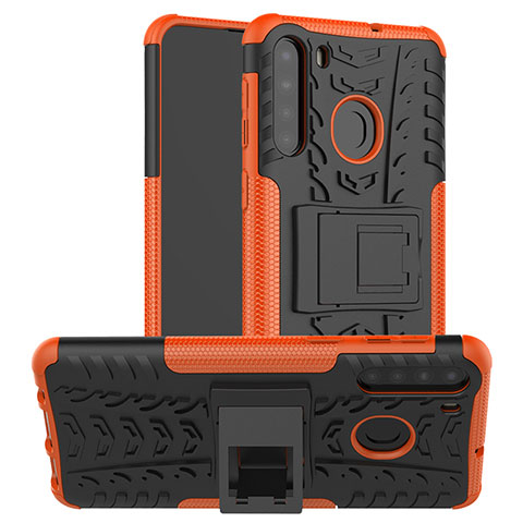 Funda Bumper Silicona y Plastico Mate Carcasa con Soporte J02X para Samsung Galaxy A21 Naranja