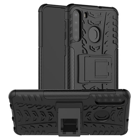 Funda Bumper Silicona y Plastico Mate Carcasa con Soporte J02X para Samsung Galaxy A21 Negro