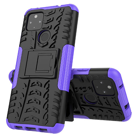 Funda Bumper Silicona y Plastico Mate Carcasa con Soporte JX1 para Google Pixel 4a 5G Morado