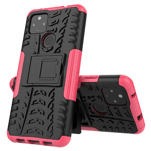 Funda Bumper Silicona y Plastico Mate Carcasa con Soporte JX1 para Google Pixel 4a 5G Rosa Roja