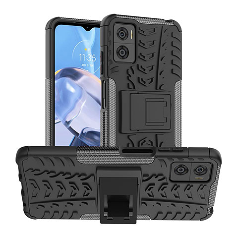 Funda Bumper Silicona y Plastico Mate Carcasa con Soporte JX1 para Motorola Moto E22 Negro