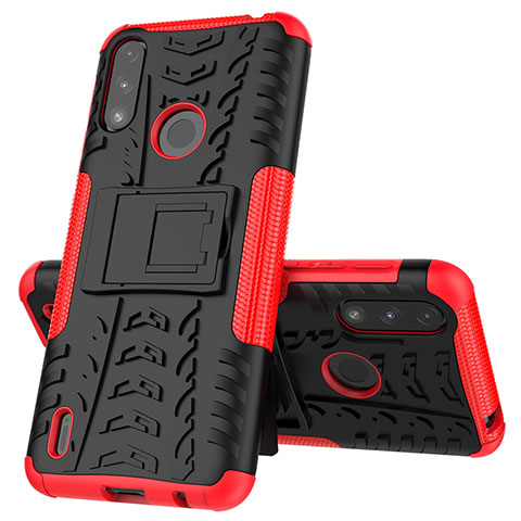 Funda Bumper Silicona y Plastico Mate Carcasa con Soporte JX1 para Motorola Moto E7 Power Rojo