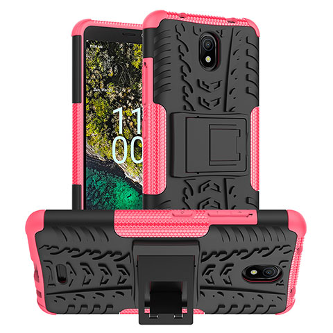 Funda Bumper Silicona y Plastico Mate Carcasa con Soporte JX1 para Nokia C100 Rosa Roja