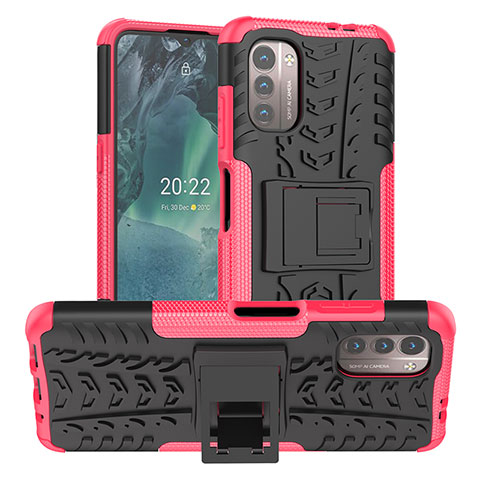 Funda Bumper Silicona y Plastico Mate Carcasa con Soporte JX1 para Nokia G11 Rosa Roja