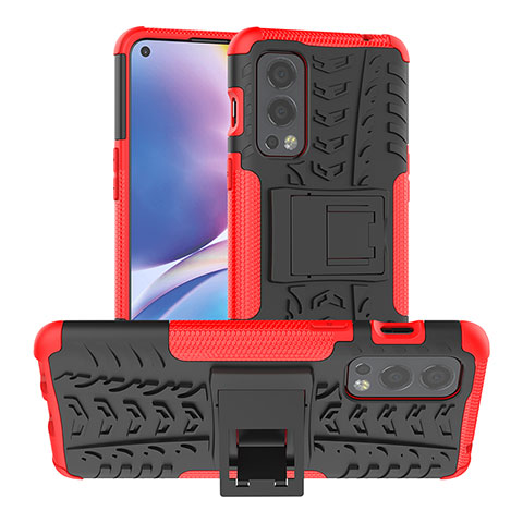 Funda Bumper Silicona y Plastico Mate Carcasa con Soporte JX1 para OnePlus Nord 2 5G Rojo