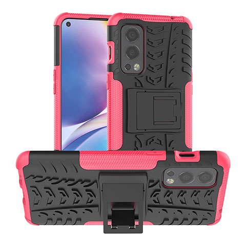 Funda Bumper Silicona y Plastico Mate Carcasa con Soporte JX1 para OnePlus Nord 2 5G Rosa Roja