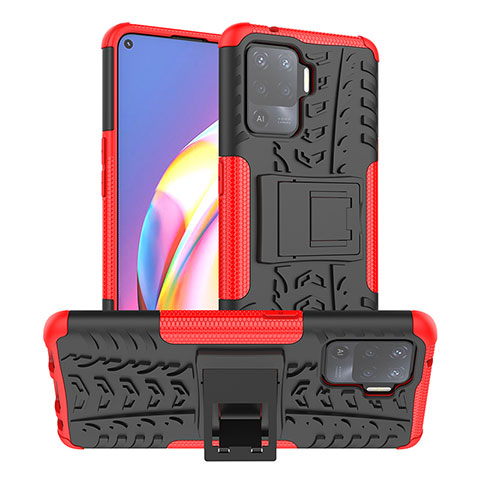 Funda Bumper Silicona y Plastico Mate Carcasa con Soporte JX1 para Oppo Reno5 F Rojo