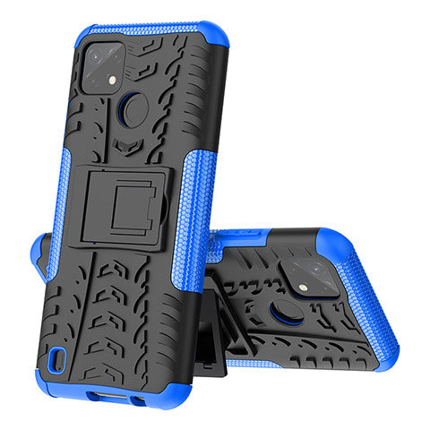 Funda Bumper Silicona y Plastico Mate Carcasa con Soporte JX1 para Realme C21Y Azul