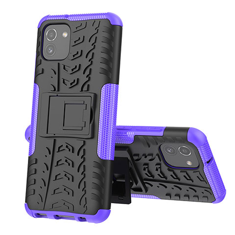 Funda Bumper Silicona y Plastico Mate Carcasa con Soporte JX1 para Samsung Galaxy A03 Morado