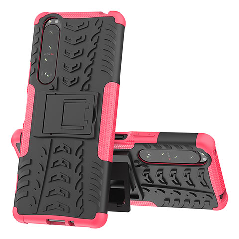 Funda Bumper Silicona y Plastico Mate Carcasa con Soporte JX1 para Sony Xperia 1 III Rosa Roja