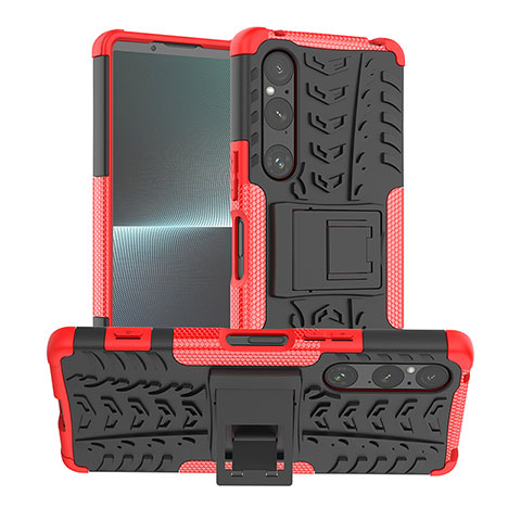 Funda Bumper Silicona y Plastico Mate Carcasa con Soporte JX1 para Sony Xperia 1 V Rojo