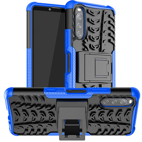 Funda Bumper Silicona y Plastico Mate Carcasa con Soporte JX1 para Sony Xperia 10 III Azul