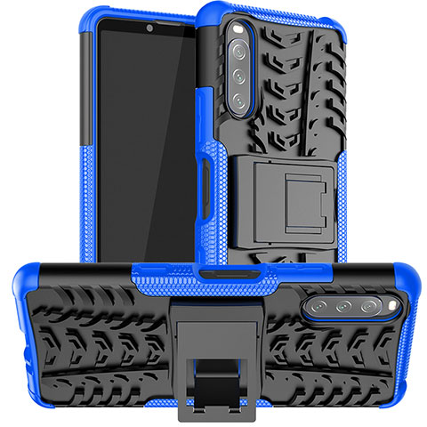 Funda Bumper Silicona y Plastico Mate Carcasa con Soporte JX1 para Sony Xperia 10 III Lite Azul