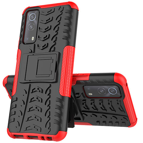 Funda Bumper Silicona y Plastico Mate Carcasa con Soporte JX1 para Vivo Y52 5G Rojo