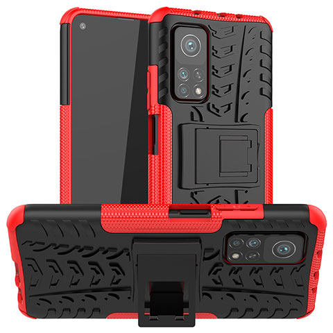 Funda Bumper Silicona y Plastico Mate Carcasa con Soporte JX1 para Xiaomi Mi 10T Pro 5G Rojo