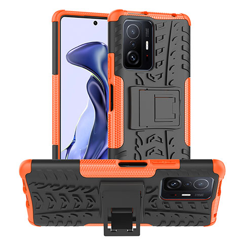 Funda Bumper Silicona y Plastico Mate Carcasa con Soporte JX1 para Xiaomi Mi 11T Pro 5G Naranja