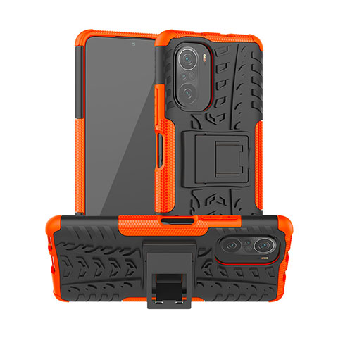 Funda Bumper Silicona y Plastico Mate Carcasa con Soporte JX1 para Xiaomi Poco F3 5G Naranja