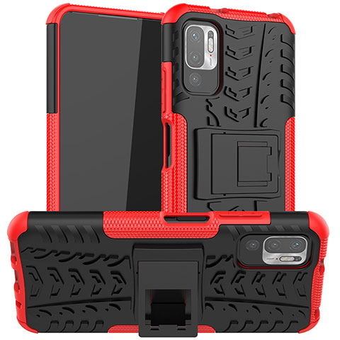 Funda Bumper Silicona y Plastico Mate Carcasa con Soporte JX1 para Xiaomi POCO M3 Pro 5G Rojo